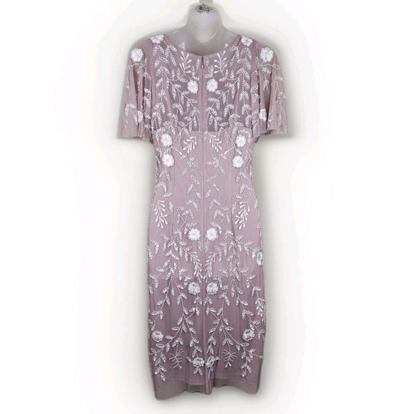 Adrianna Papell Embellished Dress Flutter Sleeve Cocktail Party Beaded Pink Sz 6 - Picture 4 of 16